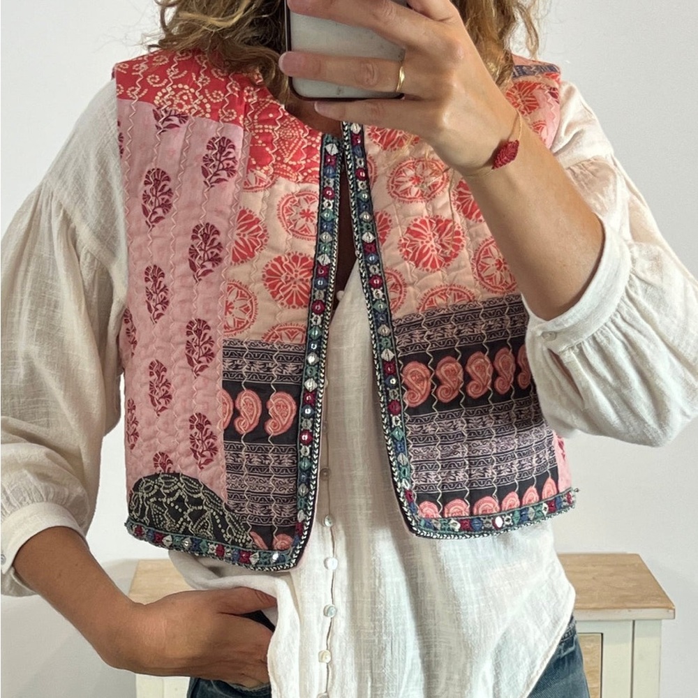 Zara Quilted Embellished Patchwork Cropped Vest Pink | Women’s Size S
